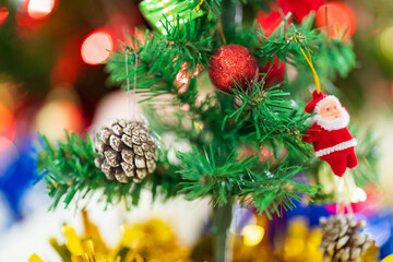 Decorated Christmas tree with blurred bokeh light background. Christmas and New Year concept