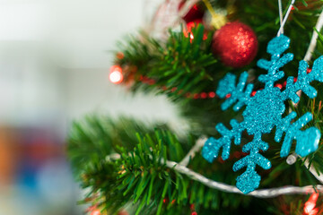Decorated Christmas tree with blurred bokeh light background. Christmas and New Year concept
