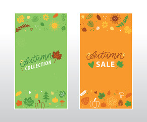 Obraz na płótnie Canvas Trendy Set Autumn banners for decoration design Autumn Collection and Sale. Template for any purposes. Hand Drawn Lettering. Vector illustration
