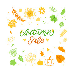 Trendy Autumn Sale Banner for decoration design.  Template For any purposes. Fashion For Kids, Wedding Business.  Hand Drawn Lettering. Frame With Flowers and Plants. Vector Illustration Background