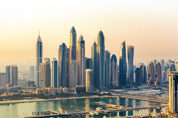 Dubai, UAE - 09.24.2021 Dubai city skyline on early morning hour. Dubai Marina. Urban