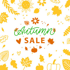 Trendy Autumn Sale Banner for decoration design.  Template For any purposes. Fashion For Kids, Wedding Business.  Hand Drawn Lettering. Frame With Flowers and Plants. Vector Illustration Background