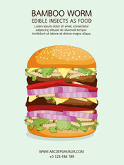 Burger Bamboo Caterpillar worm insects with vegetable for eating edible as healthy food alternative. Item menu fast food made of insect meat, it is good source of meal high protein for future.