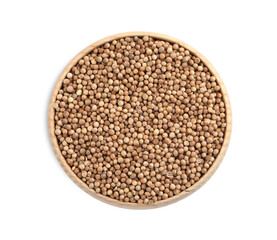 Dried coriander seeds in wooden bowl on white background, top view