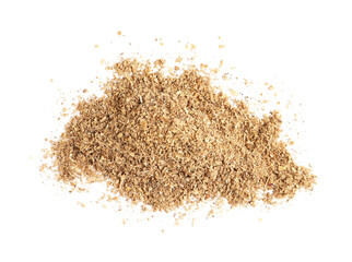 Heap of powdered coriander isolated on white, top view