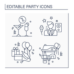 Parties line icons set. Cocktail and graduation parties, housewarming. Entertainer. Celebration of special occasions. Celebrating concept. Isolated vector illustration. Editable stroke