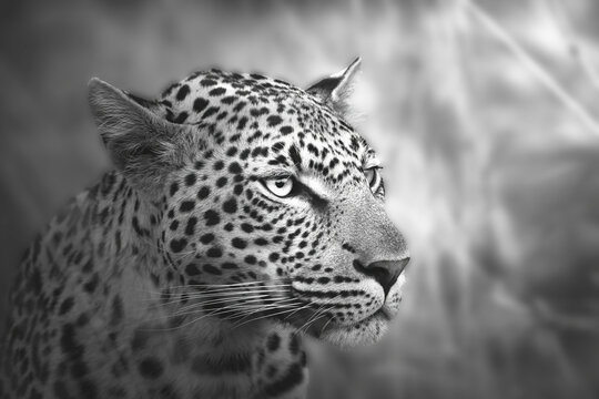 portrait of a leopard in black and white.