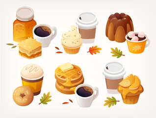 Set of delicious autumn dessert images. Snacks from apples honey jam and chocolate. Cakes and hot drinks. Isolated colourful vector images.