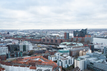 Hamburg, Germany - December 28th 2018: View from Michel church over city centre and Elbphilharmonie