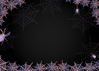 Mystic Halloween dark background with glowing spider web decorative bottom border and corners. Lilac, purple and black vector design for party invitation, card, shop banner or flyer.