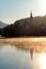 Fototapeta na wymiar Sunny morning light at Lake Bled, Slovenia, Europe