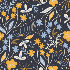 Hand drawn vector seamless pattern with branches, flowers and herbs on a dark blue background