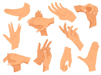 Hands gestures. illustration set hands in different interpretations, showing signal, emotions or signs. Flat design modern concept