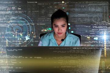 Asian Woman support desk working hard late at night over visual screen of Internet of Things...