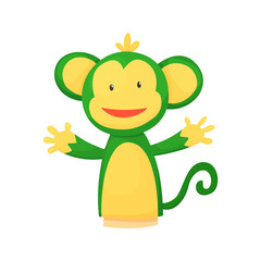 Hand or finger puppets play doll monkey. Cartoon color toy for children theater, kids games.  cute and funny animal character, isolated icon on white background