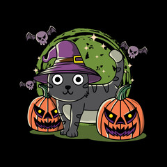 Illustration design of cute cat, pumpkin and bat halloween festival with hand drawn flat style in black background. Good for logo, background, tshirt, banner