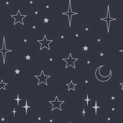 Sky seamless pattern with Mystical and Astrology elements, Space objects, planet, constellation, moon, stars, sun. Astronomy themed background texture. Starry motive.