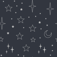 Obraz premium Sky seamless pattern with Mystical and Astrology elements, Space objects, planet, constellation, moon, stars, sun. Astronomy themed background texture. Starry motive.