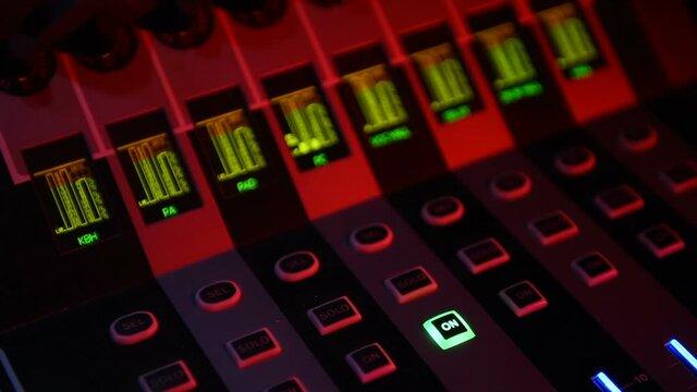 Professional recording studio with big mixing console. Panel, producer.