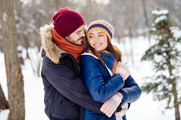 Fototapeta premium Profile portrait of two persons handsome guy hugging pretty lady look each other harmony great day outdoors