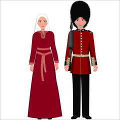 Woman and man in folk national English costumes. Vector illustration