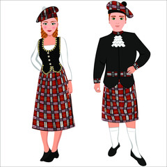 Woman and man in folk national Scottish costumes. Vector illustration