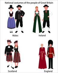 National costumes of the people of Great Britain. A woman and a man in folk national costumes of Ireland, Scotland, Wales and England. Vector illustration