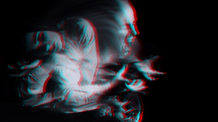 scary portrait of a ghost girl in a white shirt with a blur. Black and white with 3D glitch virtual reality effect