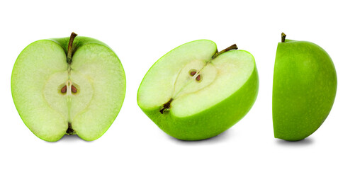A green apple in a section on a white background. Isolated halves.