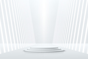 White realistic cylinder pedestal podium with perspective neon light. Vector abstract studio room with 3D geometric platform. Futuristic sci-fi minimal scene for products showcase, Promotion display.