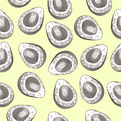 Avocado seamless pattern, Vector hand-drawn, Engraved illustration, Separated layer, Background, Menu, Banner, Healthy fruit