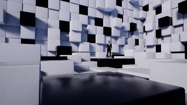 Caucasian man in jeans TV presenter in the news studio with white and black cubes. Two green screens fly out with markers in the form of a smartphone and a tablet.