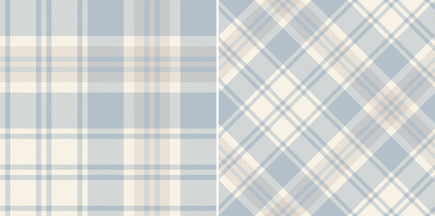 Seamless plaid pattern in pale blue and beige. Herringbone textured large tartan check background for modern flannel shirt, blanket, duvet cover, other spring autumn winter fashion fabric print.