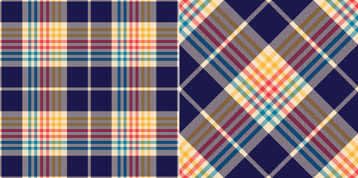 Colorful tartan check plaid pattern in navy blue, red, yellow, beige. Seamless herringbone textured large check plaid background for scarf, flannel shirt, skirt, blanket, duvet cover, other textile.