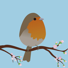 

A very cute robin bird in the shape of an egg. Blue background. The bird sits on a branch with pink blossoms.