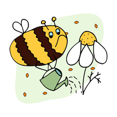bumblebee waters chamomile from a watering can bee daisy cartoon children kids drawing doodle
