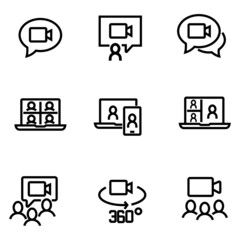 Simple Set of Video Conference Related Vector Line Icons. Contains such Icons as Group Chat, 360 Degree View Camera, Video Call, and more. Editable Stroke. 4000 x 4000 Pixel Perfect