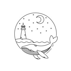 Black and white illustration, line graphics. A whale in the sea, a lighthouse. Life at the lighthouse.