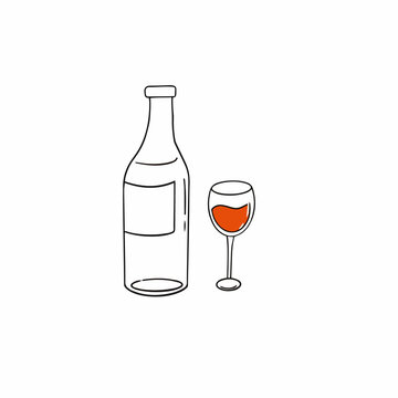 Glass of wine and bottle, hand drawing