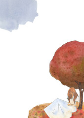 Fall digital frames clipart, Watercolor cottagecore background, Farm landscape, Autumn country house, Grandparents scene, Colorful tree, isolated elements on white background