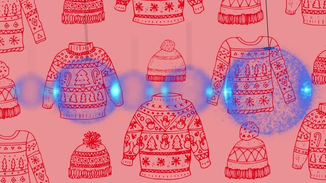 Animation of christmas baubles over christmas jumper pattern on pink background