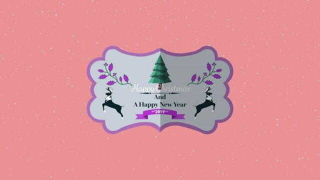 Animation of happy christmas text over snow falling on pink background