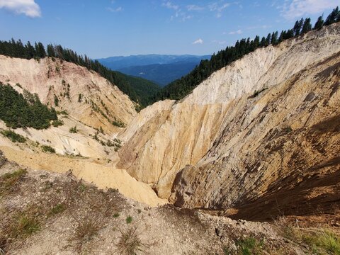 Eroded soil at Ruginoasa Abyss. Groapa Ruginoasa in Apuseni Mountains, Natural Monument, Alpine Trails View