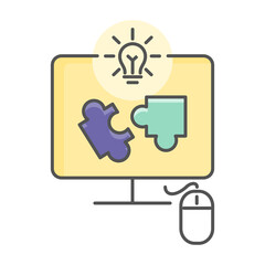 Online puzzle game icon. Puzzle pieces on computer monitor screen. Flat style illustration. Isolated on white background. 