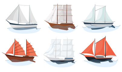 Sea sailboats ships set of water carriage and maritime transport in modern flat design style.  collection of ship, boat, vessel or yacht on the sea waves
