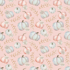 Watercolor beautiful pumpkins background. Pink and grey pumpkins seamless pattern. Fall background. Thaksgiving day illustration. Autumn flowers and leaves.