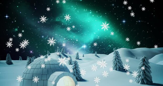 Animation of snow falling over igloo in night winter landscape