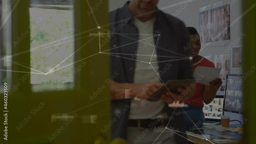Poster animation of network of connection over man using smartphone