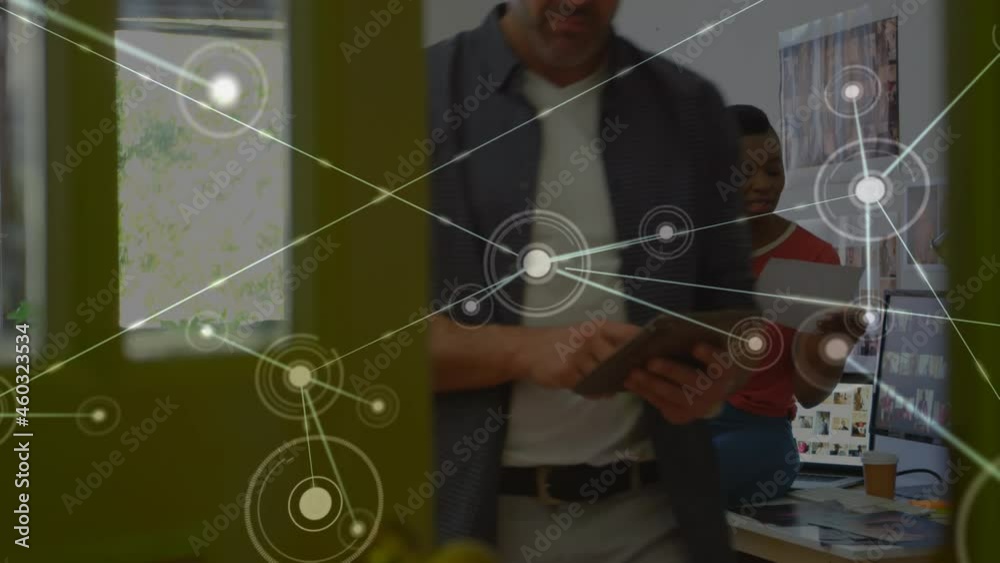 Poster animation of network of connection over man using smartphone