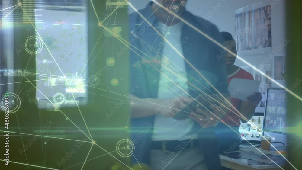 Poster animation of network of connection over man using smartphone
